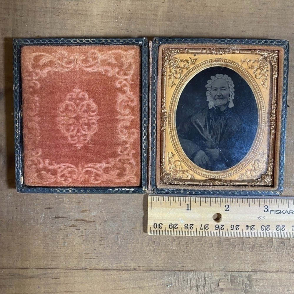 Antique 1/6 Plate Tintype Portrait Elderly Woman Lace Bonnet Embossed Case